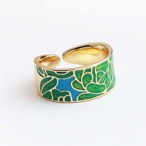 Gold Tone‎ Enamel Leaf Adjustable Ring Blue Green Floral Statement